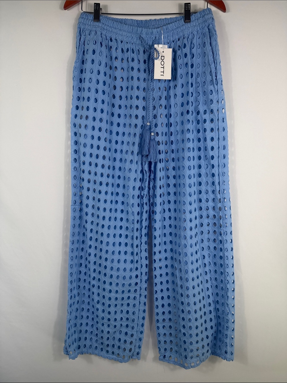 Dotti Light Blue Eyelet Drawstring Wide-Leg Swim Coverup Pants Size L. NWT